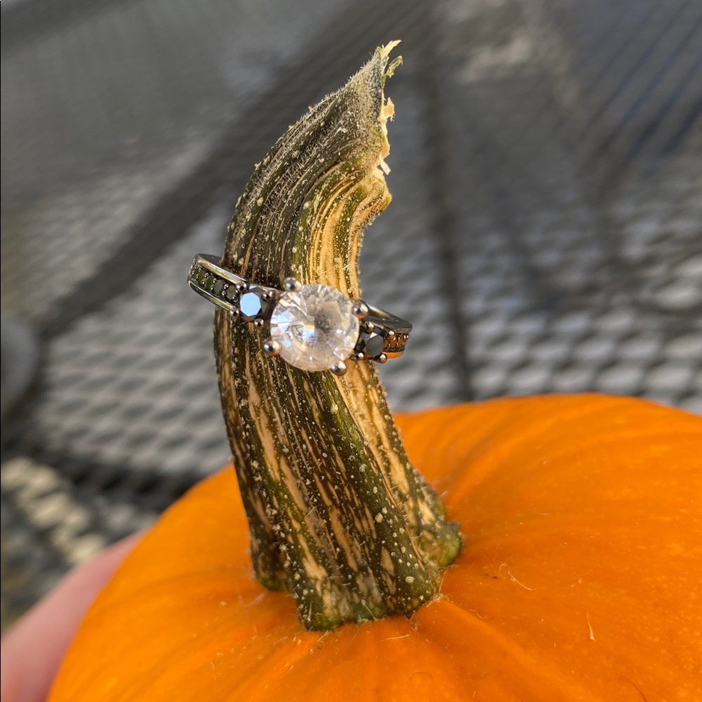 Lab Created White Sapphire and Black Diamond Engagement Ring 5